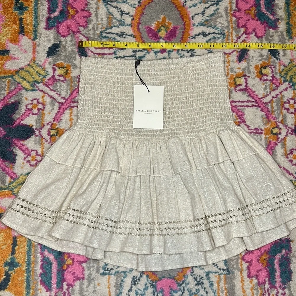 Spell & The Gypsy Collective Lola Ruched Metallic Mini Skirt Biscuit NWT Size XS